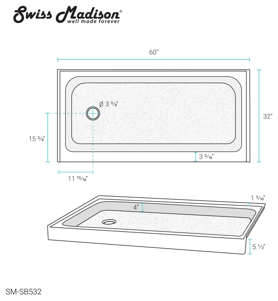 Voltaire 60"x32" Acrylic Black, Single-Threshold, Left-Hand Drain, Shower Base