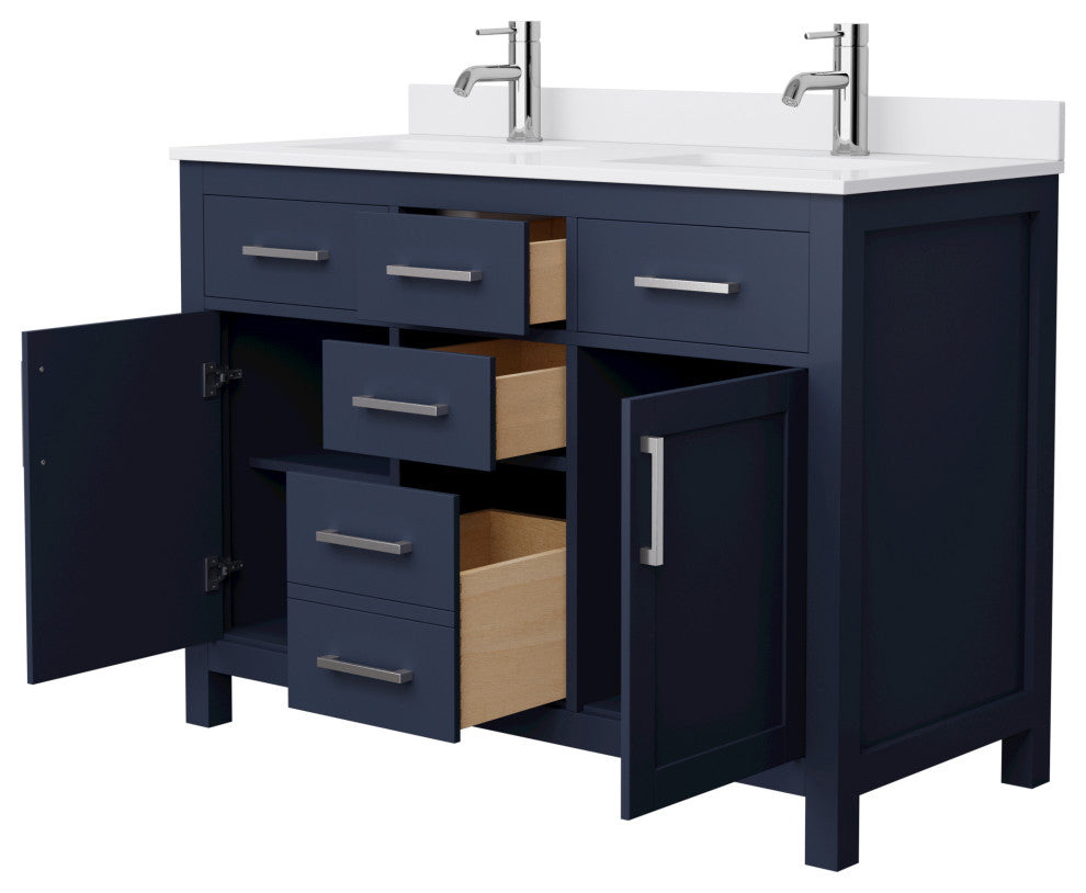 48"DBL Vanity Dark Blue, White Cult. Marble Countertop, Sinks, Nickel Trim