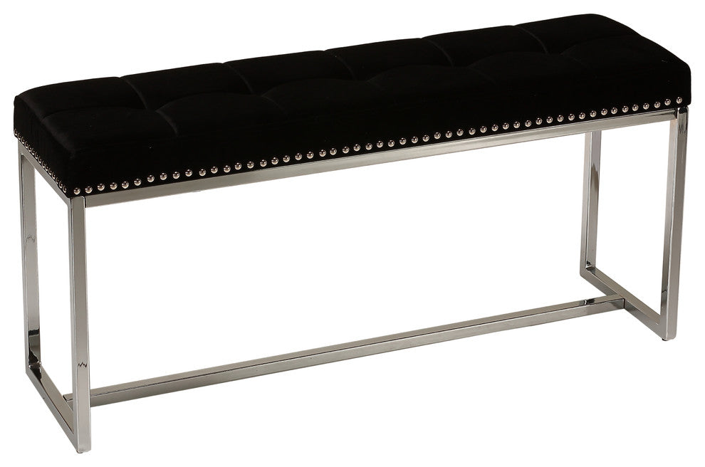 Donato Contemporary Narrow Bench, Black Velvet With Nailhead Trim