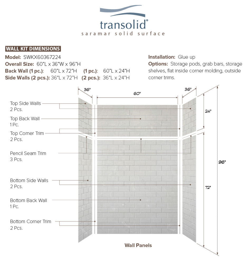 Transolid SaraMar 60"x36"x96" 6-Piece Shower Wall Kit with Extension, Lunar