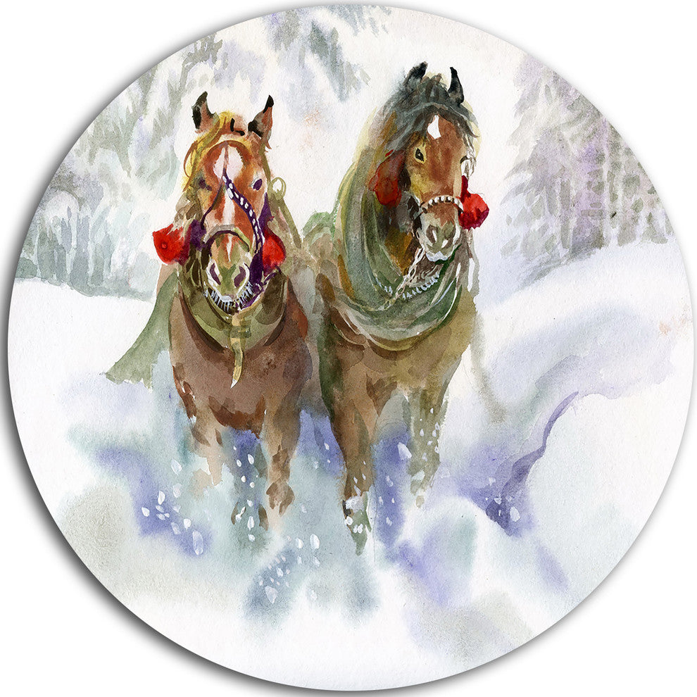 Horses Running In Winter, Animal Round Wall Art, 11"
