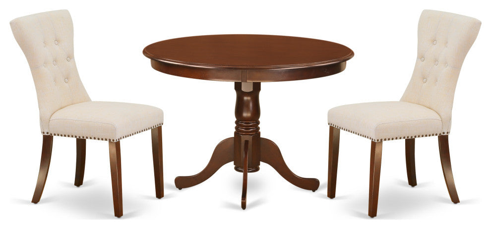 3Pc Round Dinette Set, Pedestal Dining Table, 2 Fabric Kitchen Chairs, Mahogany