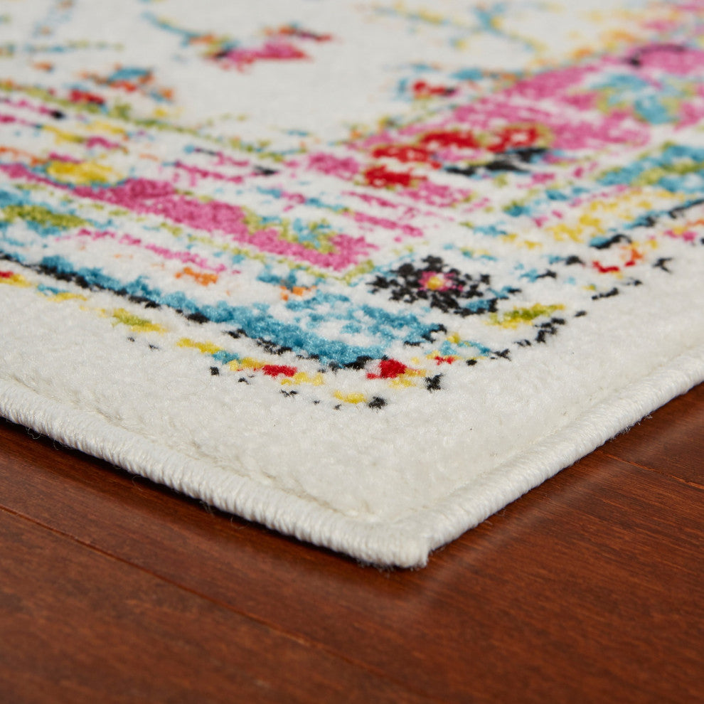 8" x 9" White and Red Bohemian Area Rug