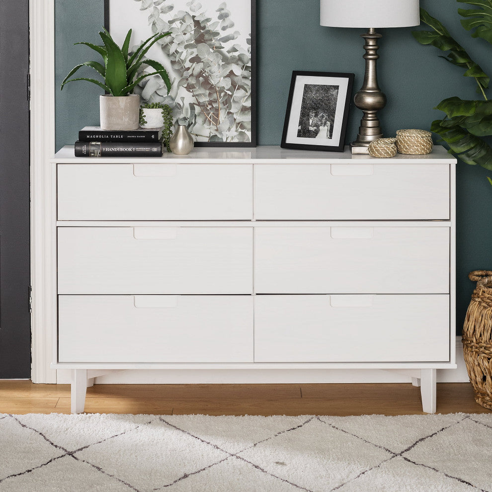 Bohemian Double Dresser, 6 Storage Drawers With Cut Out Pull Handles, White