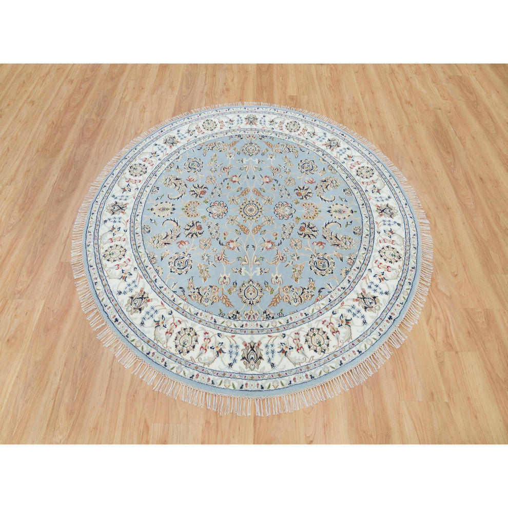 Beau Blue, 250 KPSI, Pure Wool, Hand Knotted, Nain Design Round Rug, 6'x6'