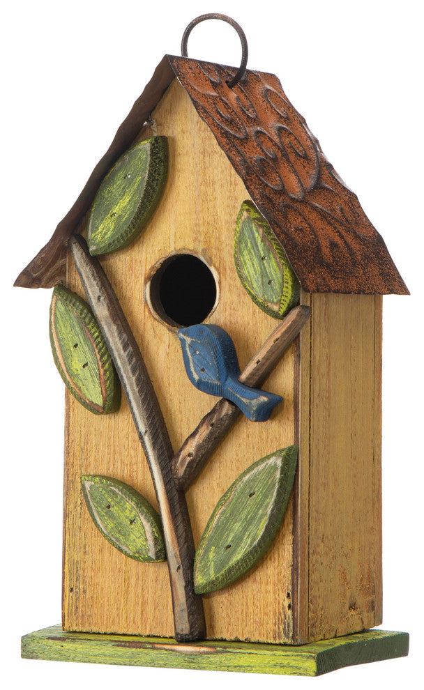9.75"H Washed Yellow Distressed Solid Wood Birdhouse With 3D Tree and Bird