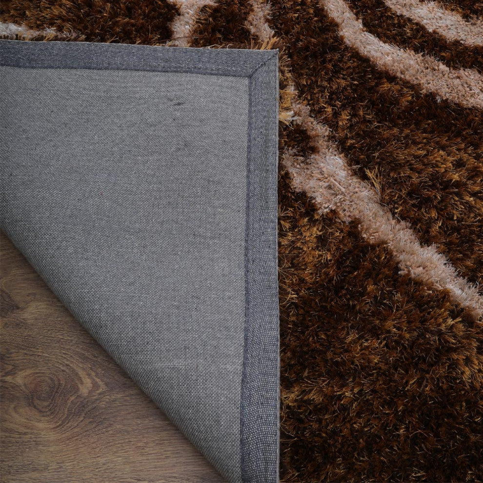Hand Tufted Shag Polyester Area Rug Contemporary Brown Beige, [Rectangle] 8'x10'
