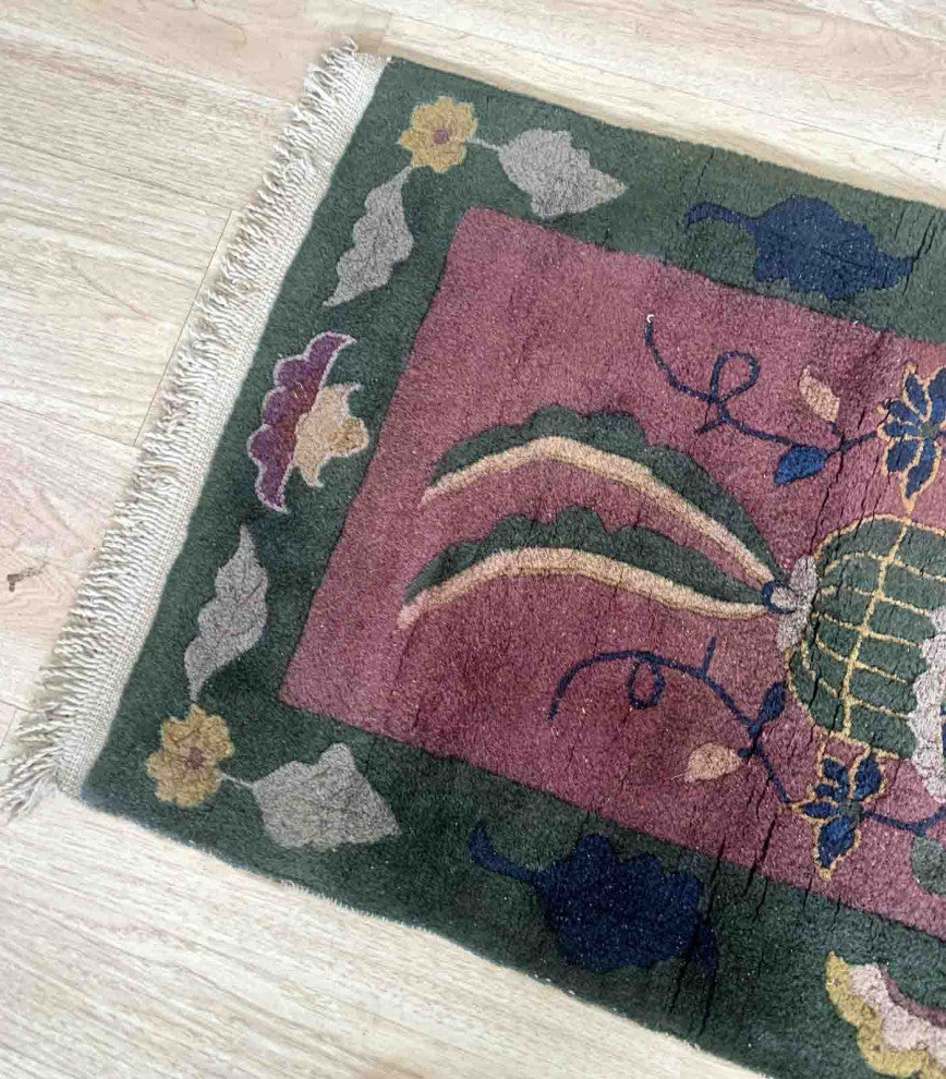 Handmade antique Art Deco Chinese rug 2.1' x 4.2' (64cm x 128cm) 1920s