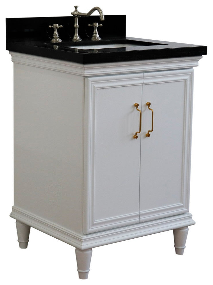 25" Single Vanity, White Finish With Black Galaxy And Rectangle Sink