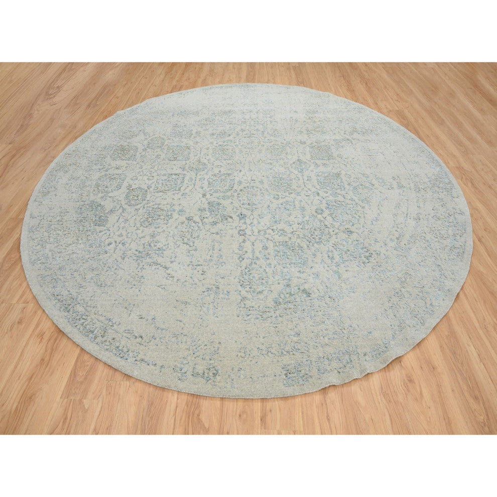 Blue, Tabriz Design, Jacquard Hand Loomed Wool and Silk Round Rug, 12'0"x12'0"