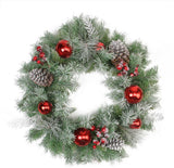 24" Flocked Pine, Red Ball, Berries & Silver Cedar Artificial Christmas Wreath