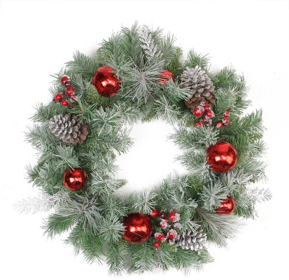 24" Flocked Pine, Red Ball, Berries & Silver Cedar Artificial Christmas Wreath