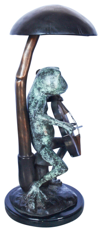 Frog playing cello under mushroom bronze statue -  Size: 10"L x 10"W x 24"H.