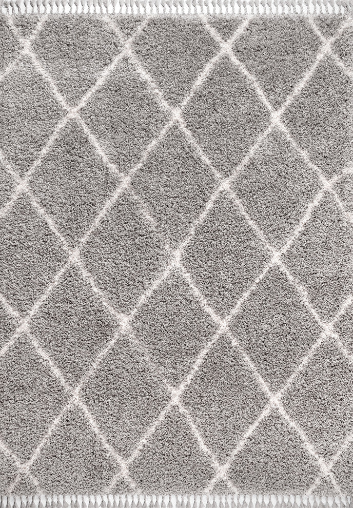 Mercer Shag Plush Tassel Moroccan Geometric Trellis Area Rug, Grey/Cream, 8 X 10