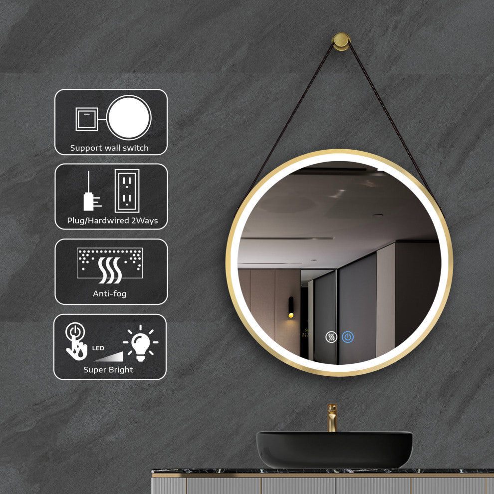 32'' Round Metal Framed Smart 3-Color Dimmable Anti-Fog LED Vanity Mirror, Gold