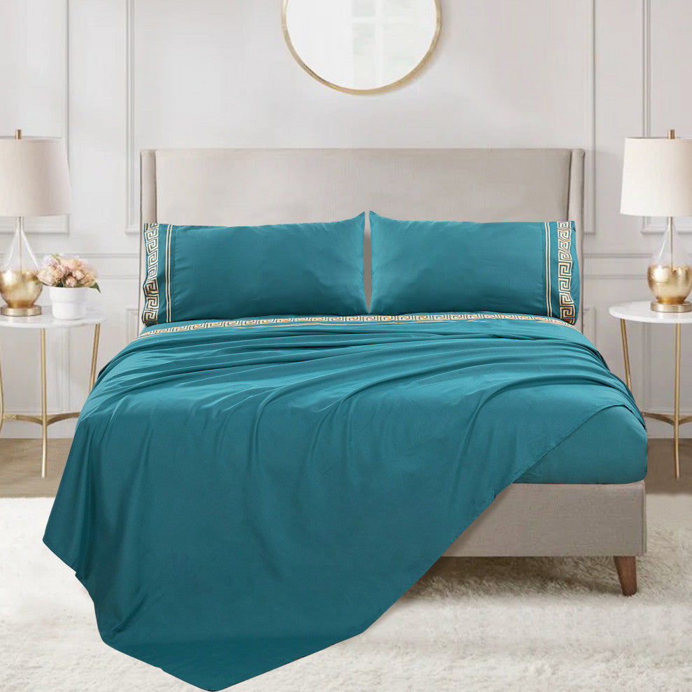 Serenta Greek Key Embroidered Microfiber 4 Piece Bed Sheet Set, Dark Teal, King