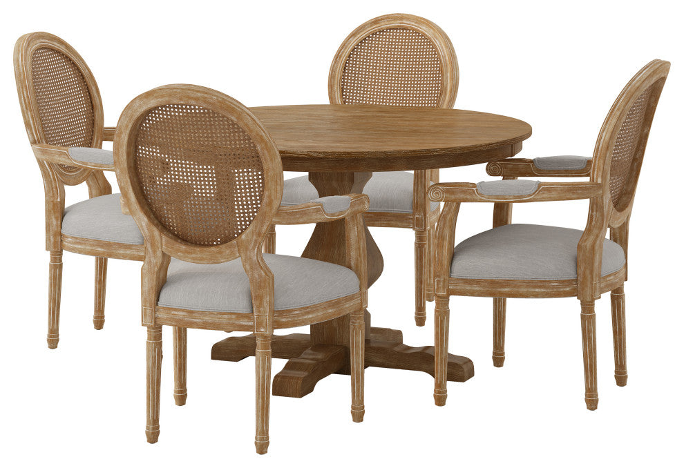 Bryan French Country Upholstered Wood and Cane 5-Piece Circular Dining Set, Natural/Light Gray