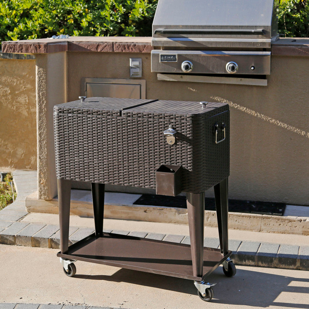 80 Quart Outdoor Rolling Cooler/Beverage Cart, Brown Wicker