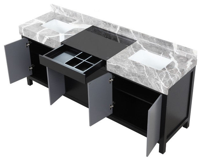 Zilara 80" Black and Grey Double Vanity, Castle Grey Marble Tops