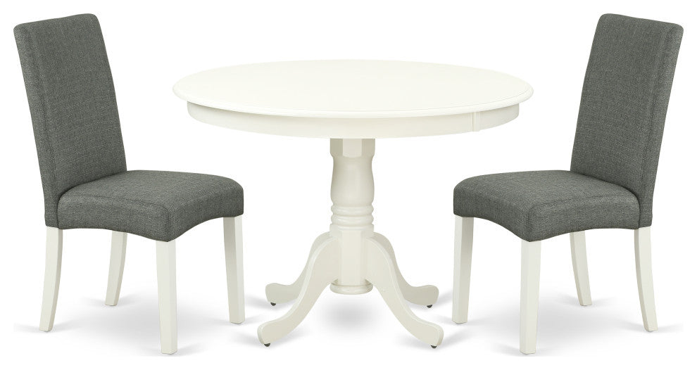 3Pc Round 42" Dining Table, Two Parson Chair, Linen White Finish Leg, Gray Color