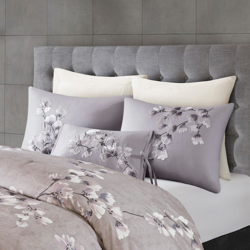 N Natori Sakura Blossom 3 Piece Cotton Sateen Printed Comforter Set, Lilac
