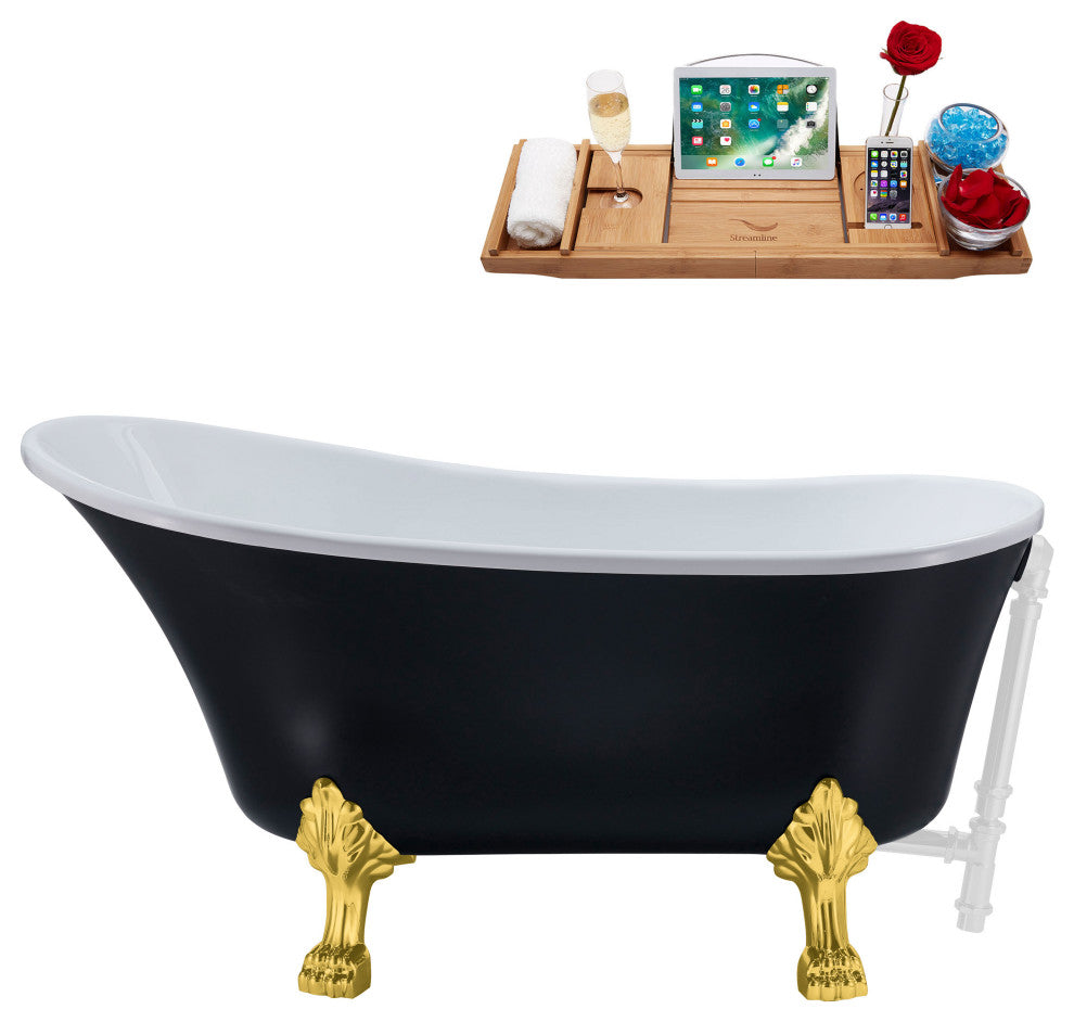 63" Streamline N353GLD-WH Soaking Clawfoot Tub and Tray With External Drain