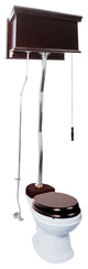 High Tank Toilets White Flat Panel Cherry Finish Round Z-Pipe, White, Chrome, Dark Oak