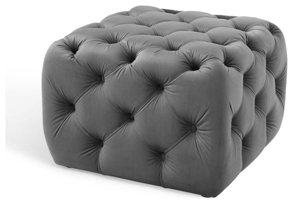 Tufted Accent Chair Ottoman, Square, Velvet, Gray, Modern, Lounge