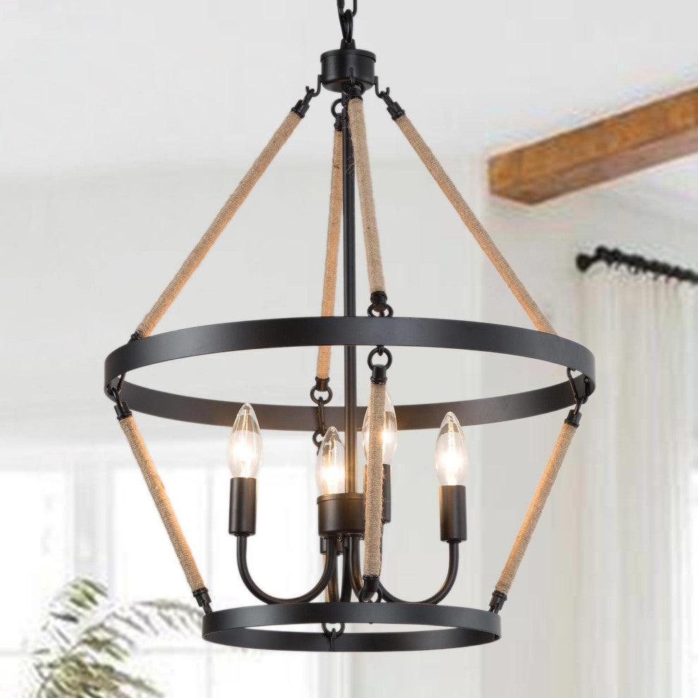 4-Lights Hemp Rope Tiered and Matte Black Modern/Farmhouse LED Chandelier