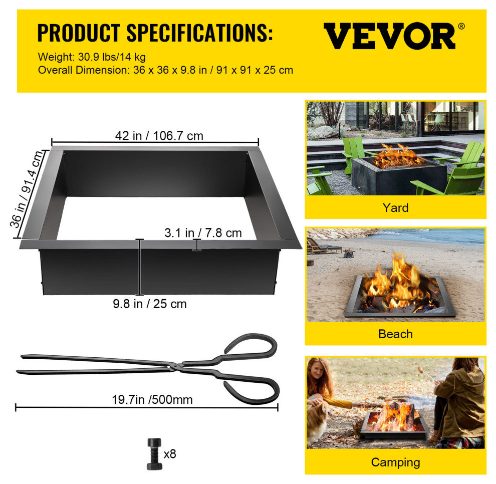 VEVOR Fire Pit Liner Steel Fire Ring 42" Square Fire Pit Insert for Outdoors