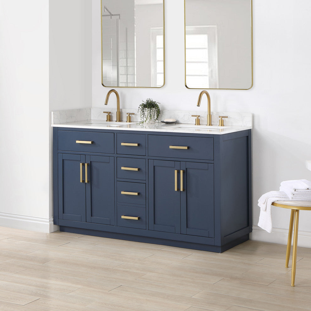 Gavino Vanity With Grain White Composite Stone Top, Royal Blue/Brushed Gold, 60", No Mirror