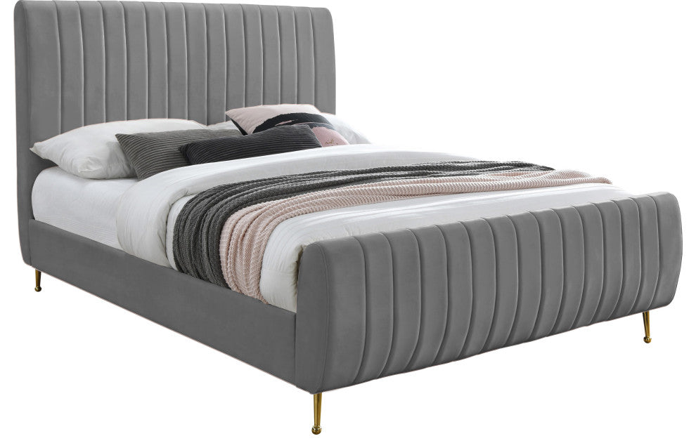 Zara Channel Tufted Velvet Upholstered Bed With Custom Gold Legs, Gray, King