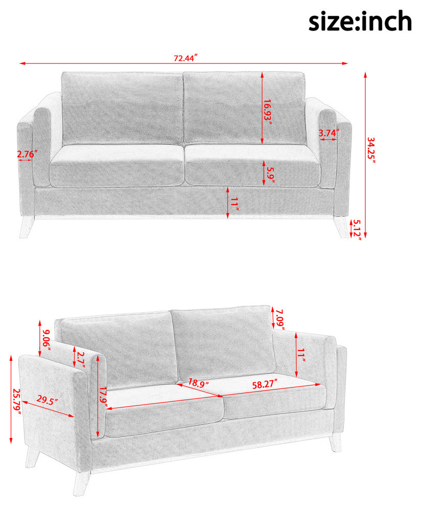 73" Chenille Fabric Tuxedo Arm Loveseat with Cushion, Blue, 73"