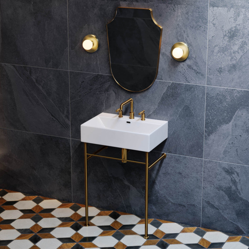 Claire 24" Console Sink White Basin Brushed Gold Legs With 8" Widespread Holes