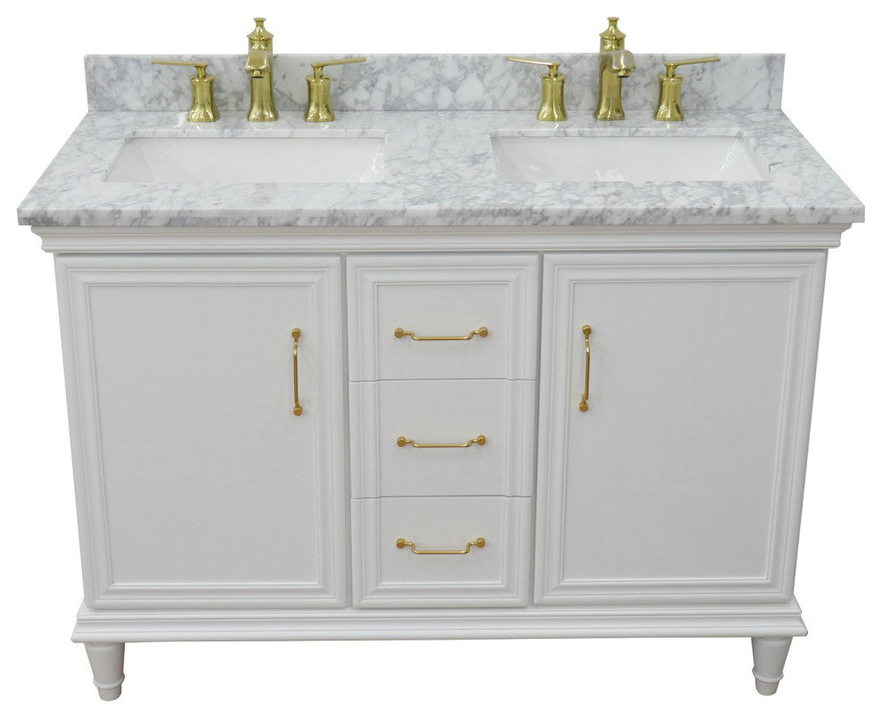 49" Double Vanity, White Finish With White Carrara And Rectangle Sink