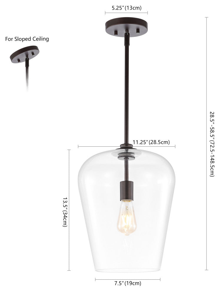Hayes 11.25" 1-Light Iron/Glass LED Pendant, Oil Rubbed Bronze/Clear