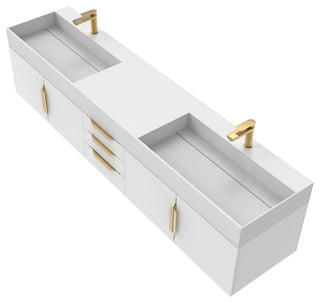 CastelloUSA Amazon 84" Wall Mounted Bathroom Vanity Set, White, White Top, Gold Handles