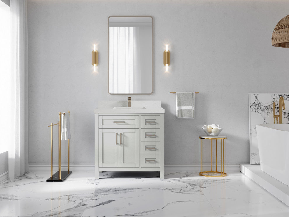 Cambridge 36 Center Sink Bath Vanity in Coventry Gray 2" Carrara Quartz