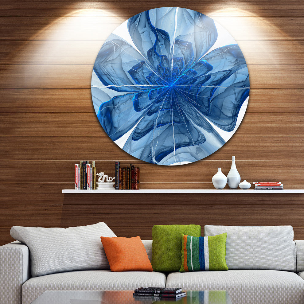 Blue Fractal Flower With Petals, Modern Floral Round Wall Art, 11"