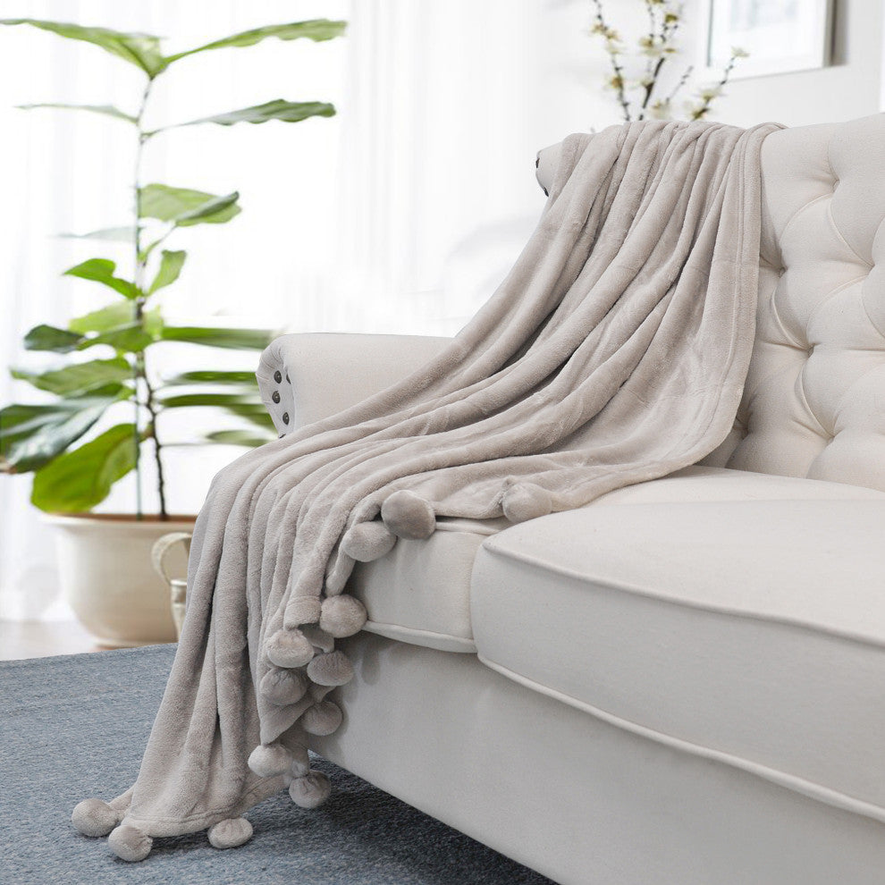 Pom Pom Flannel Fleece Throw Blanket, Light Grey, 50" X 60"
