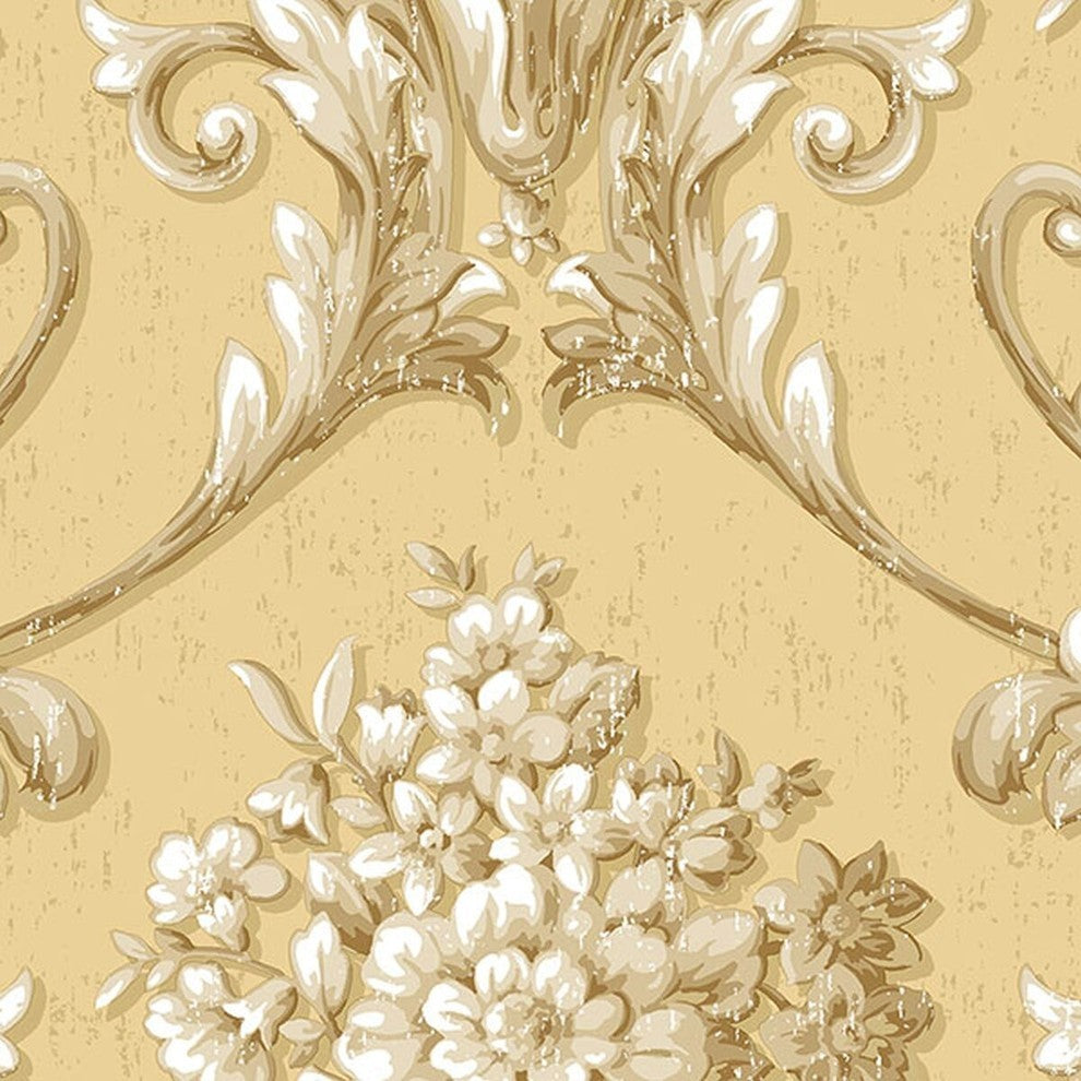 Classic Silks 2, Damask Stripes Silk Emboss Yellow, White Wallpaper Roll