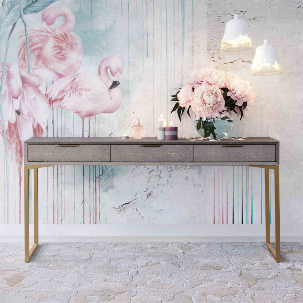 59" Grey Console Table, Brass Gold Entryway Table with Drawers