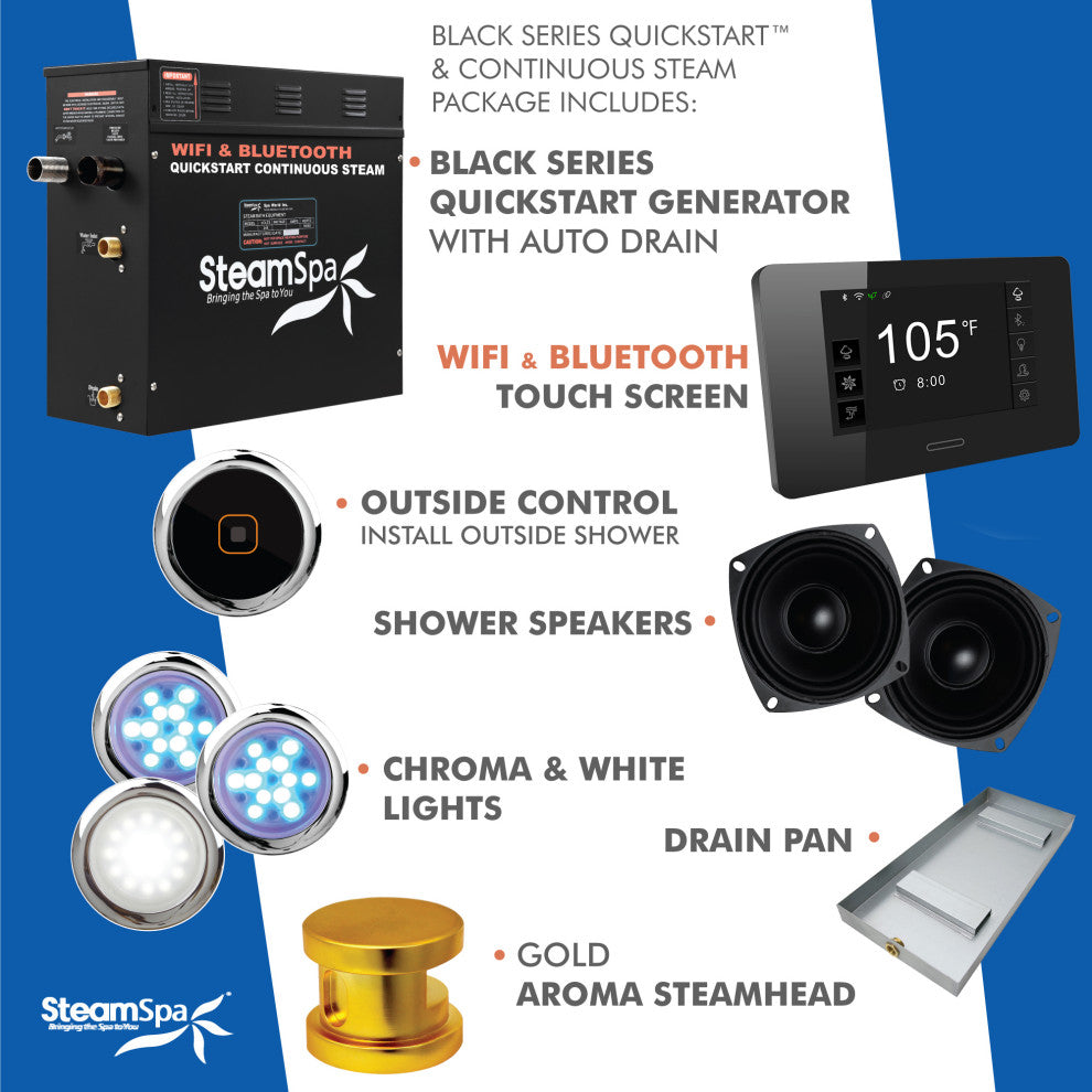 Black Series Wifi/Bluetooth 7.5kW QuickStart Steam Bath Set, Gold