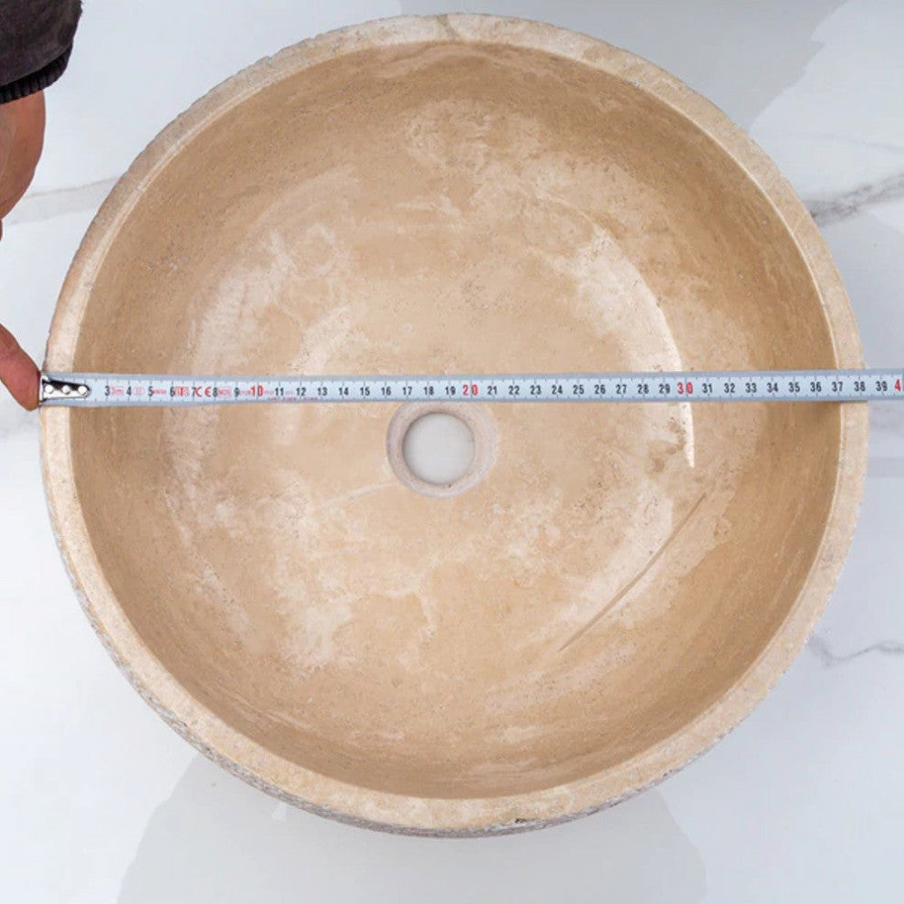 Light Beige Travertine Vessel Sink Honed Inside&Sandblasted Outside (D)16" (H)6"