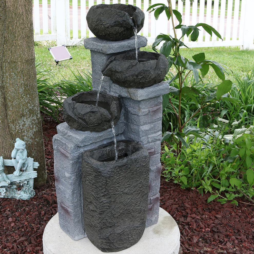 Sunnydaze Cascading Stone Bowls Solar-on-Demand Water Fountain With LED Light