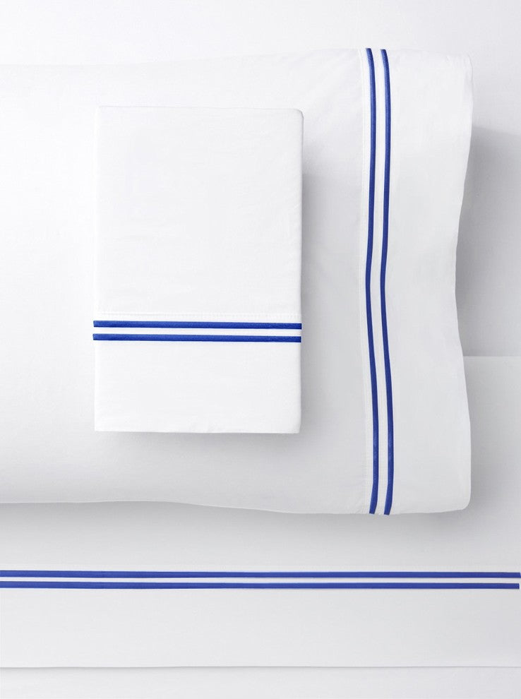 1000 Thread Count 2 Stripe Embroidery Sheet Set, Navy on White, Twin Sheet Set