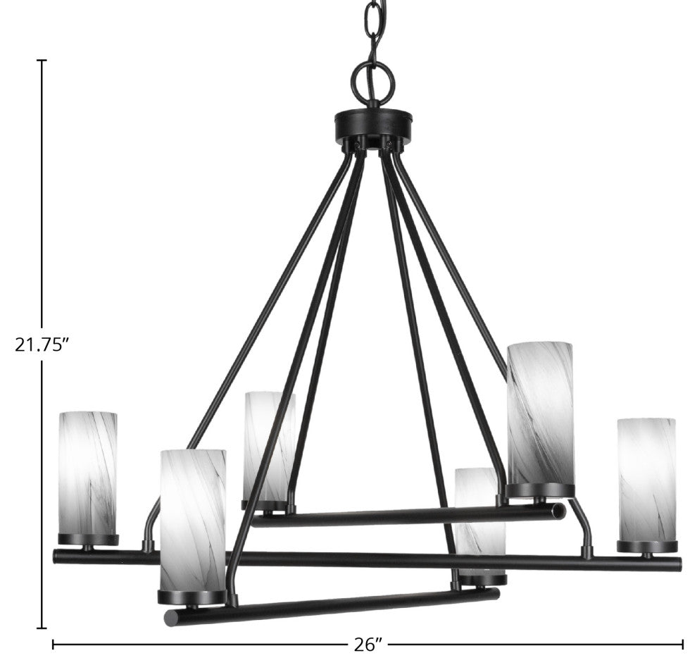 Trinity 6 Light Chandelier Shown, Matte Black Finish, 2.5" Onyx Swirl Glass