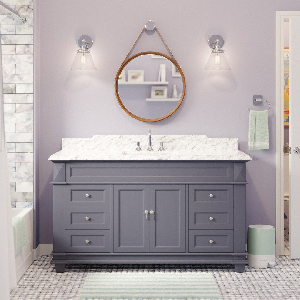 Elizabeth 60" Bathroom Vanity, Base: Marine Gray, Top: Carrara Marble, Single Vanity