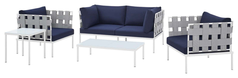Sectional Sofa Chair Table Set, Sunbrella, Aluminum, Gray Blue Navy, Outdoor