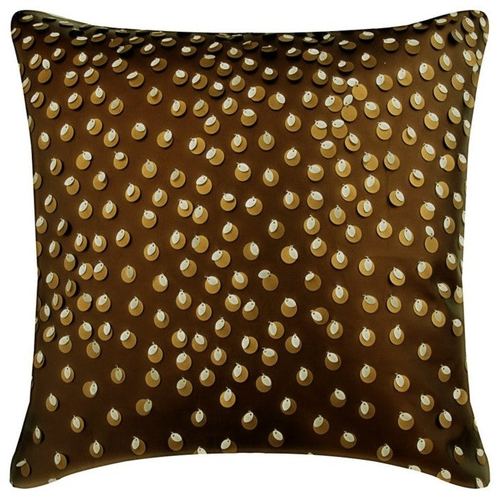 Sequins Embellished Brown Faux Leather & Suede 14"x14" Pillow Cover, Awestruck